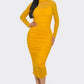 Solid Mesh Ruched Midi Dress