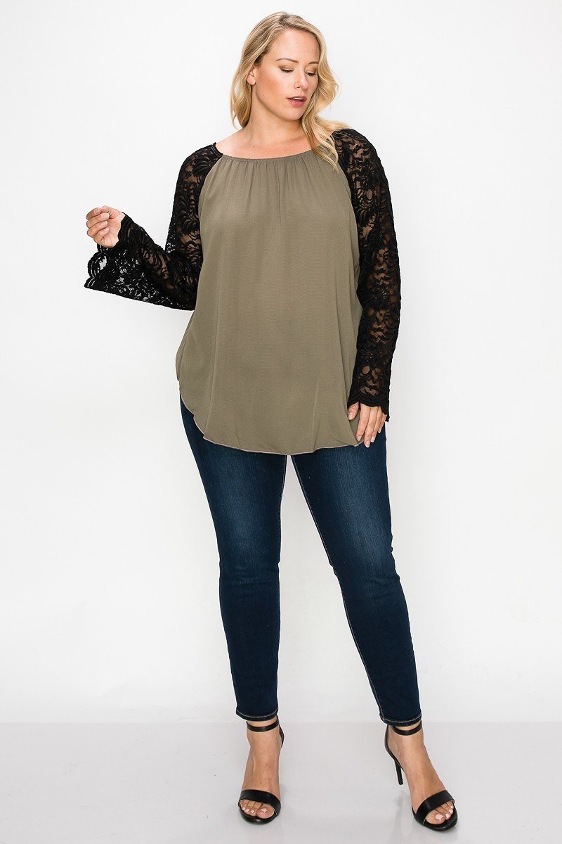 Solid Top Featuring Flattering Lace Bell Sleeves