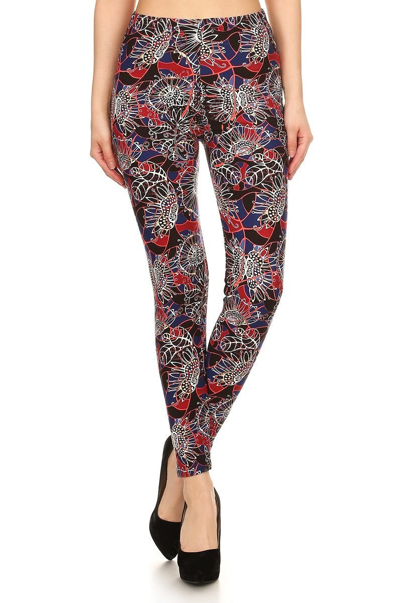 Floral Print High Waist Basic Solid Leggings With 1 Elastic Waistband