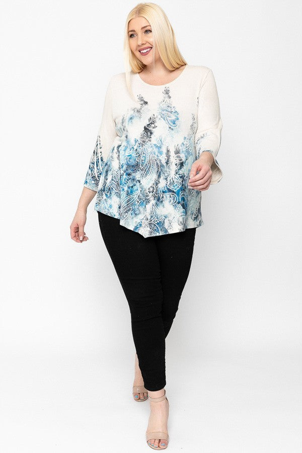 Print Top Featuring A Round Neckline And 3/4 Bell Sleeves