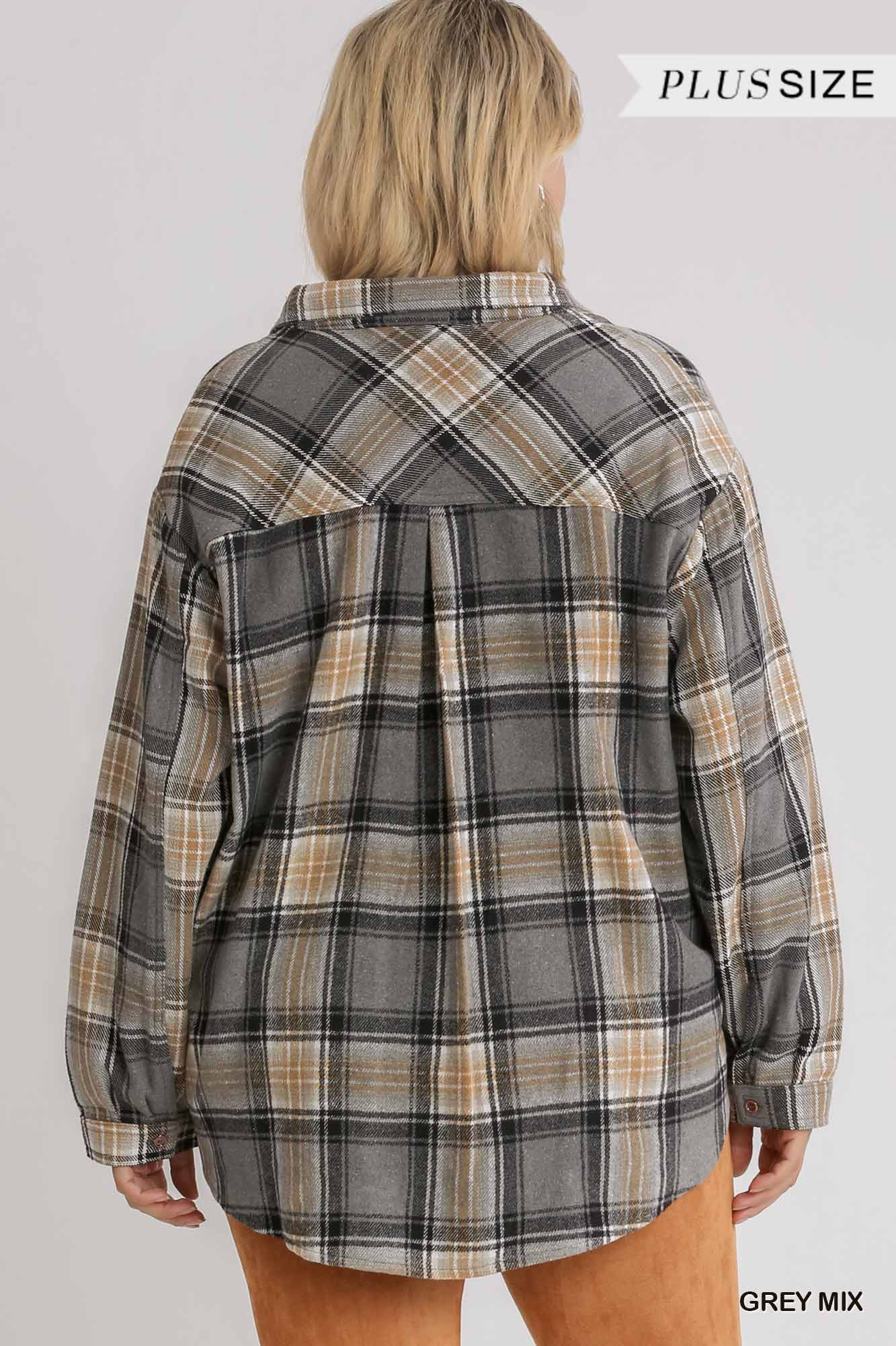 Plaid Collar Button Down Overshirt With Front Pockets