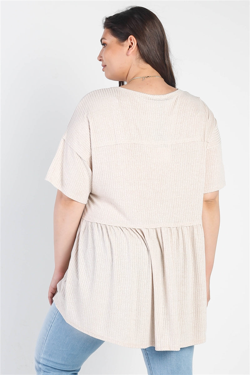 Plus Ribbed Trim Detail Short Sleeve Flare Hem Top