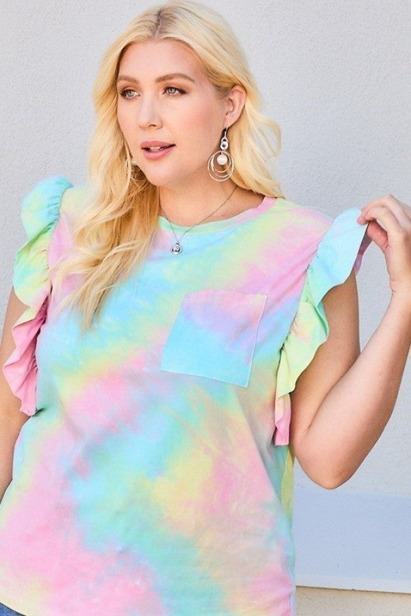 Plus Size Round Neck Ruffle Sleeve Front Pocket Tie Dye Knit Top