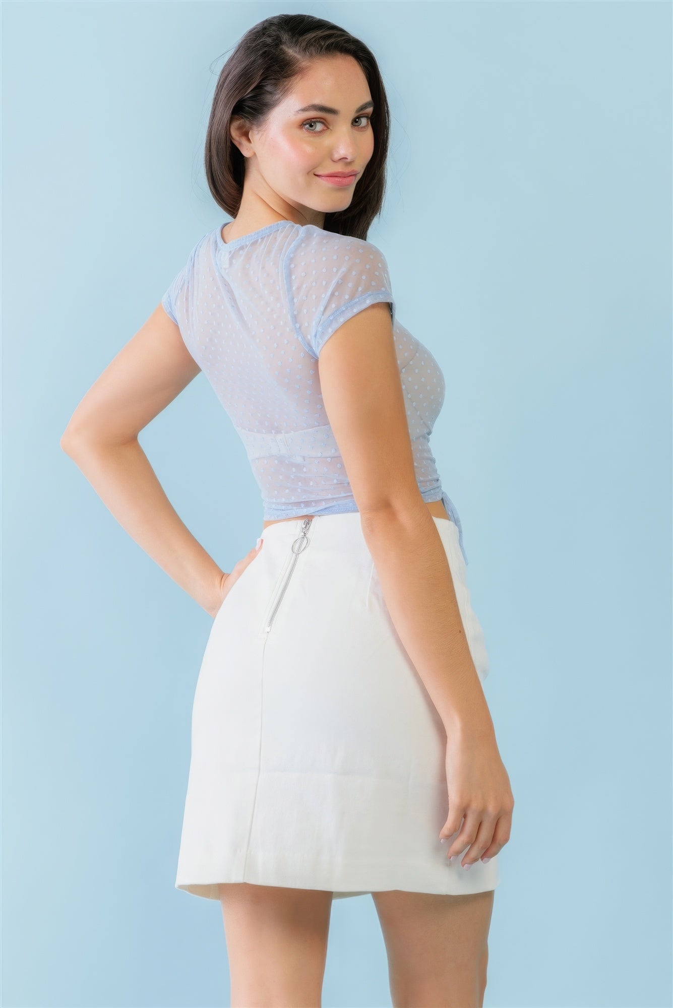 Light Blue Polka Dot Print Sheer Mesh Ruched Front Detail Crop Top