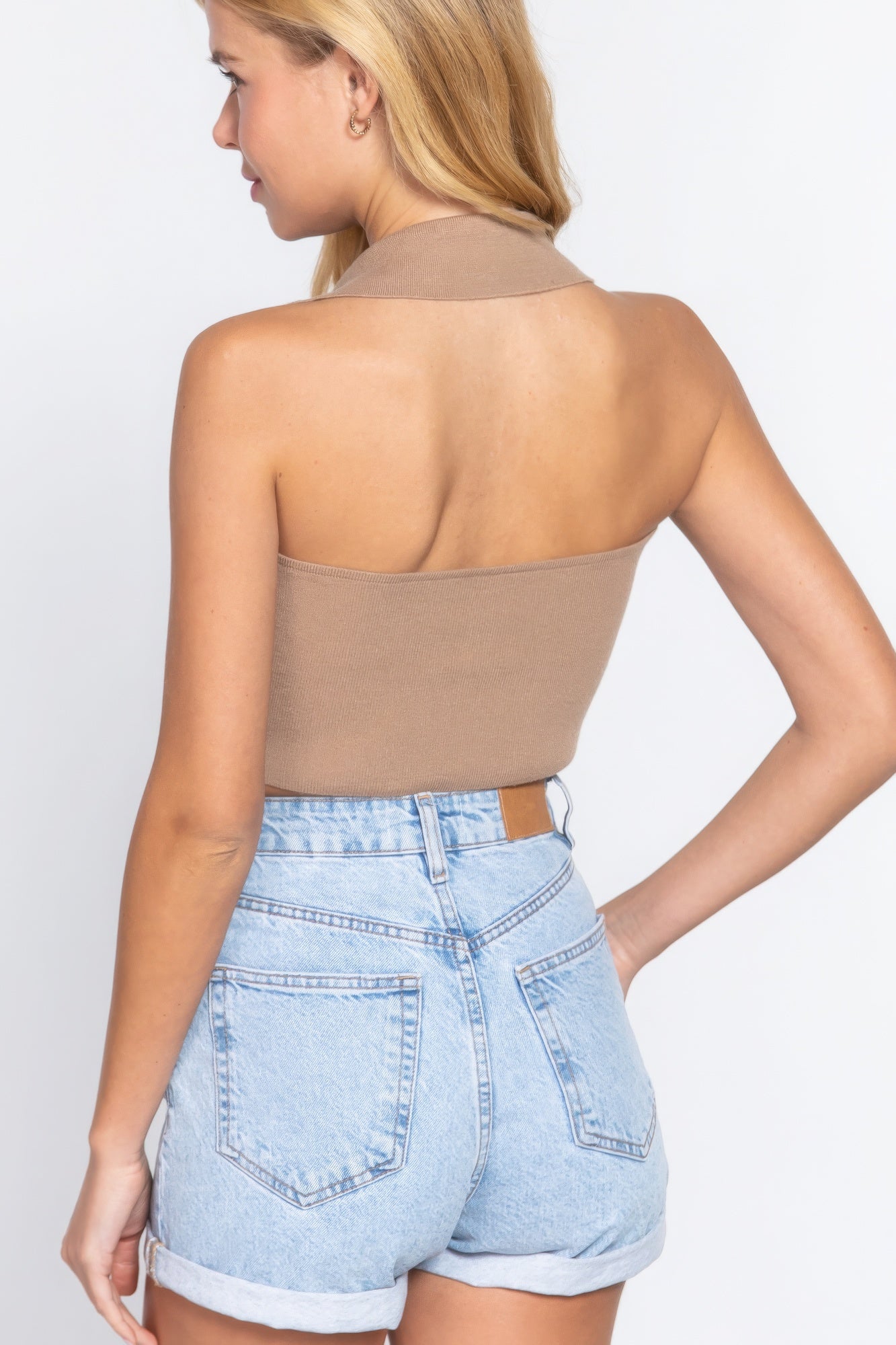 Halter Ruched Crop Sweater Knit Top