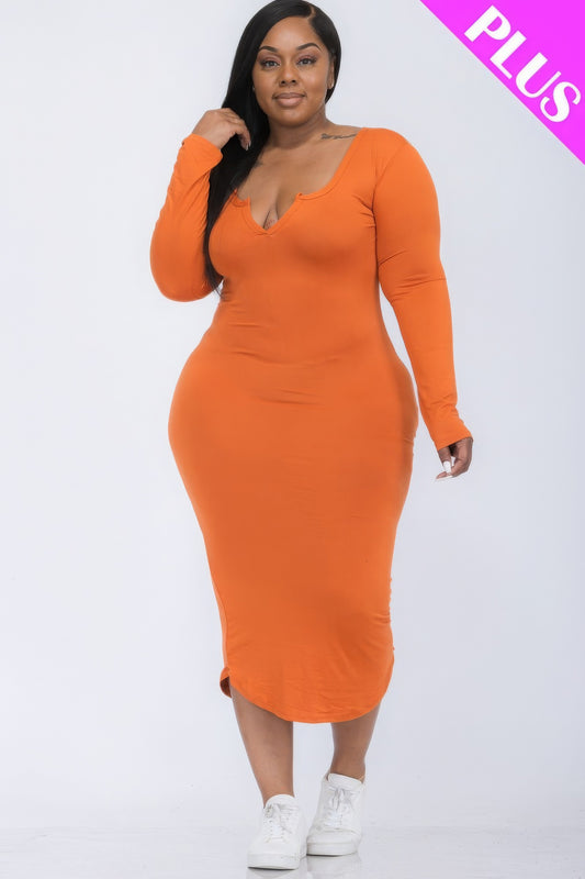 Plus Size Split Neck Long Sleeve Midi Dress