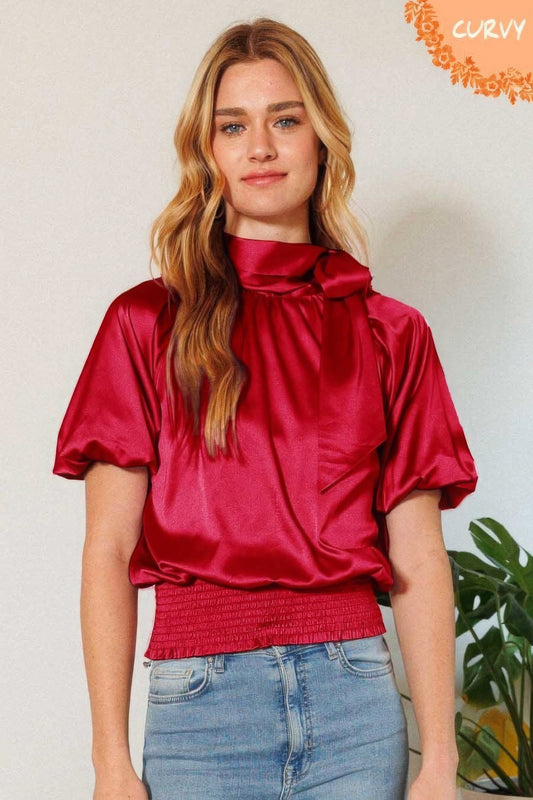 Waist Smocked Solid Satin Blouse