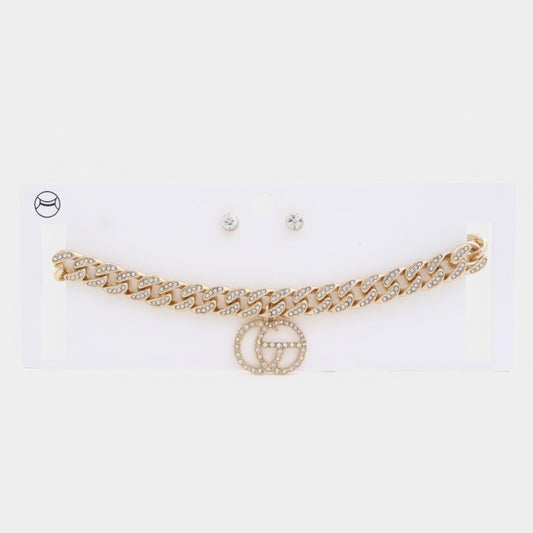 Double Circle Rhinestone Charm Curb Link Choker Necklace