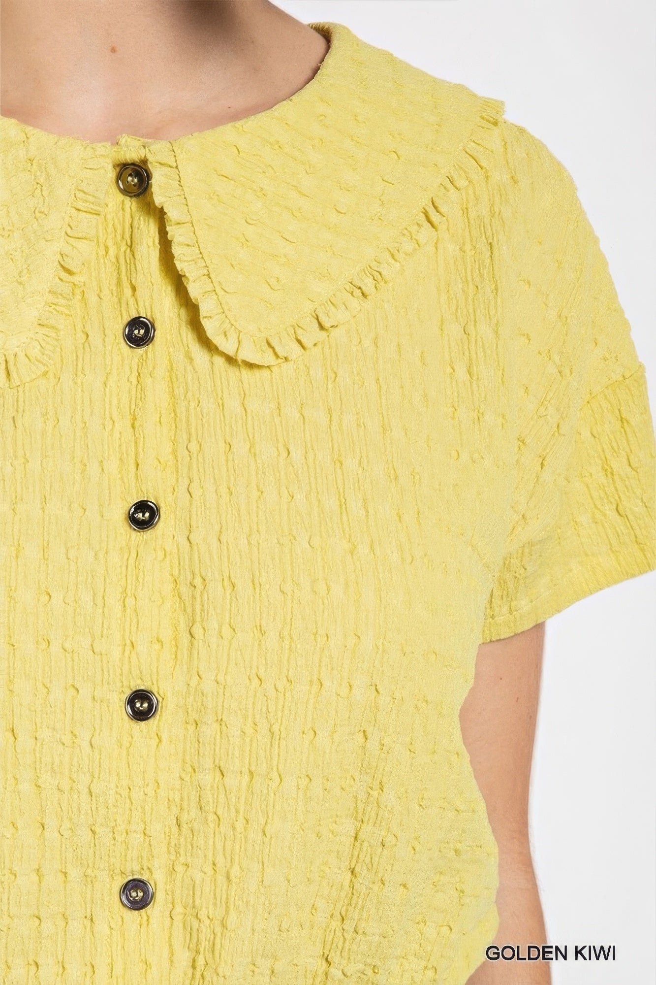 Peter pan collar textured knit button down top