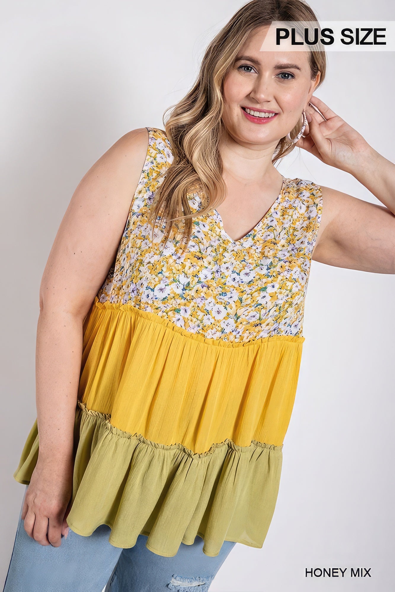 Floral Color Block Ruffle Detail Tiered V-neck Top