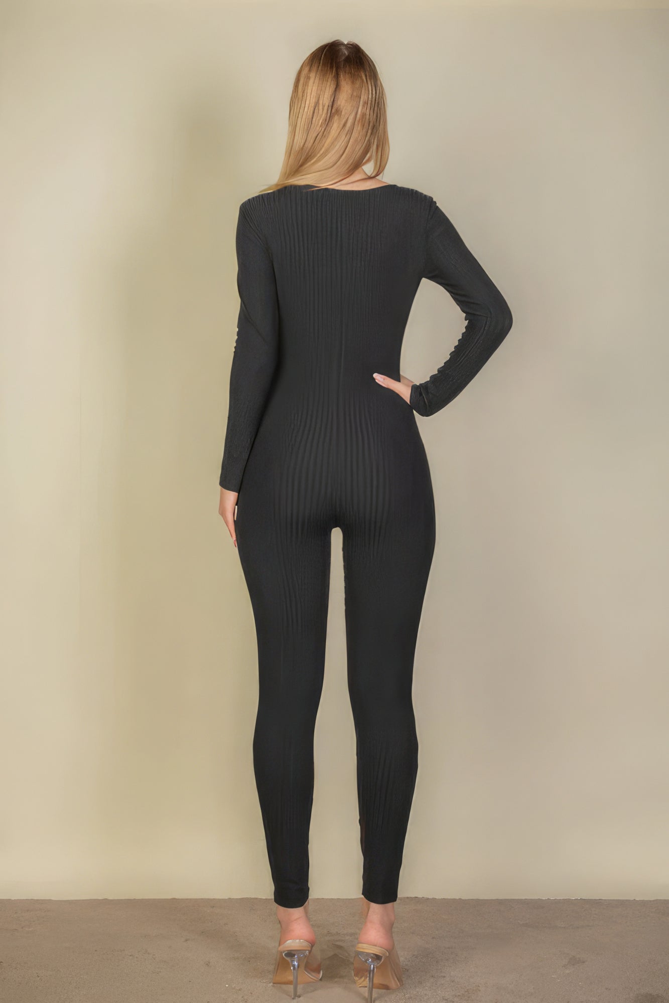 Ribbed Scoop Neck Long Sleeve Jumpsuit