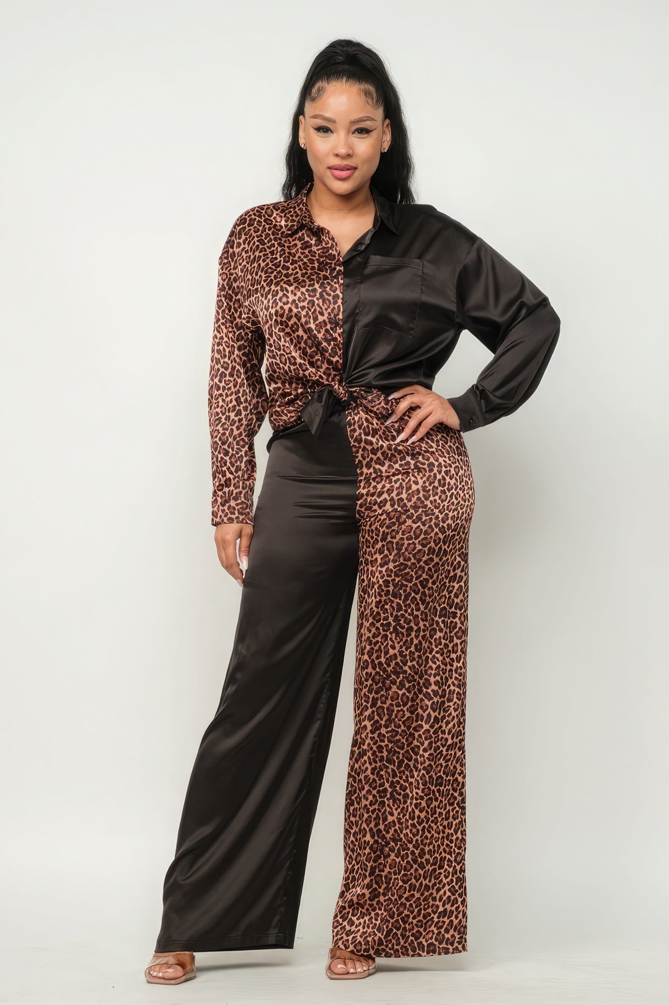 Half Animal Print And Half Solid Top And Pants Set