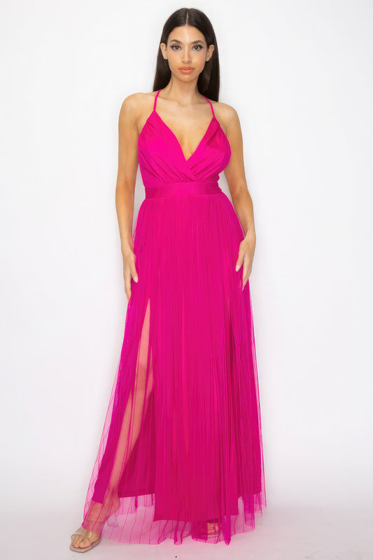 Pleated Mesh Slit Maxi Dress