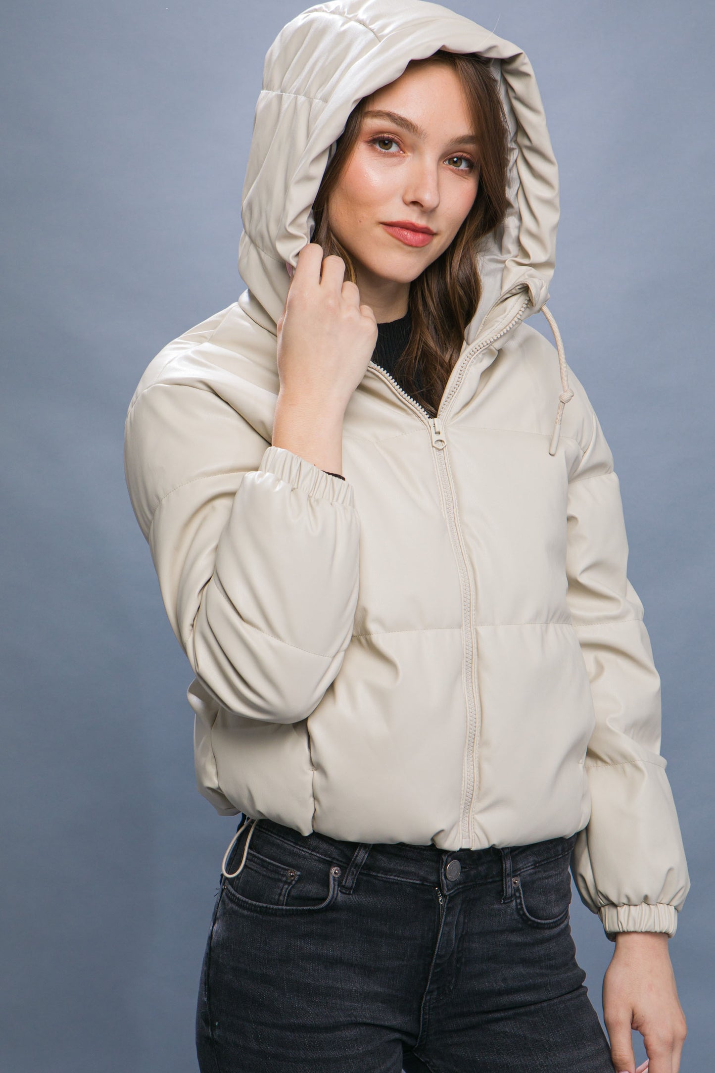 Pu Faux Leather Zipper Hooded Puffer Jacket