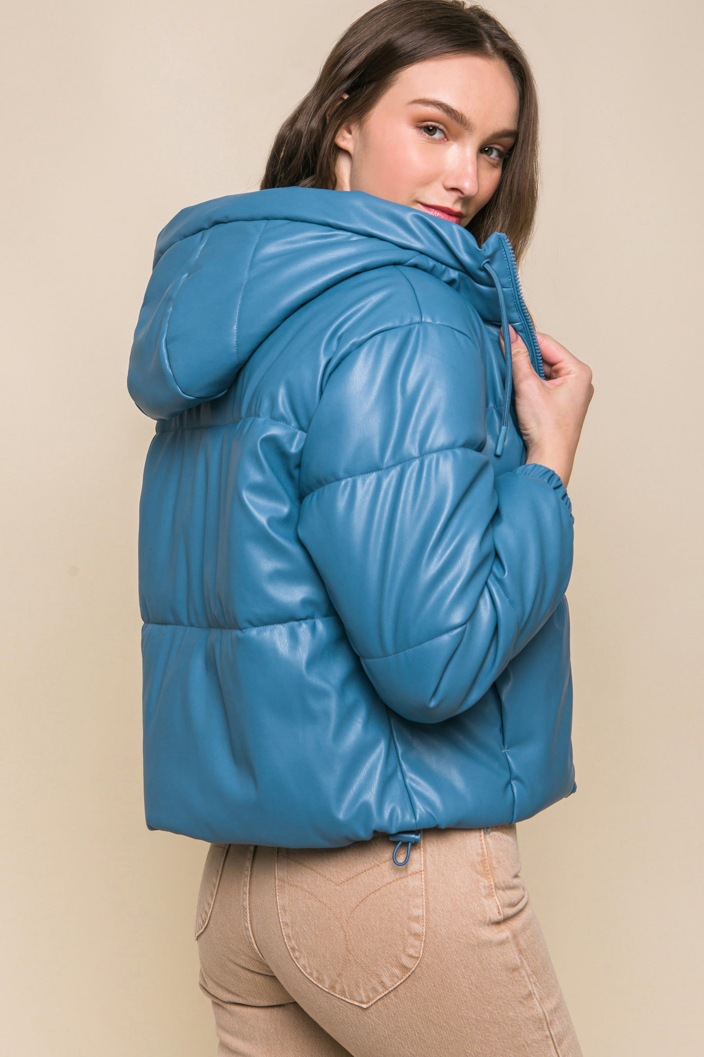 Pu Faux Leather Zipper Hooded Puffer Jacket